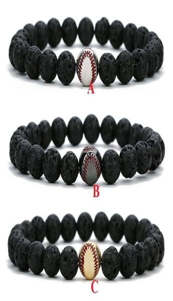 

copper baseball ball charms strand bracelet 8mm black lava stone beads volcano diy essential oil diffuser bracelets wristband jewe8479647, Golden;silver