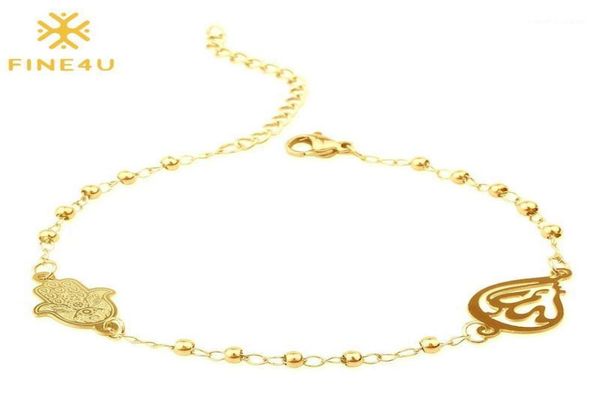 

charm bracelets fine4u b228 stainless steel muslim hamsa charms bracelet 3mm gold color beads islam koran rosary jewelry for women7367617, Golden;silver