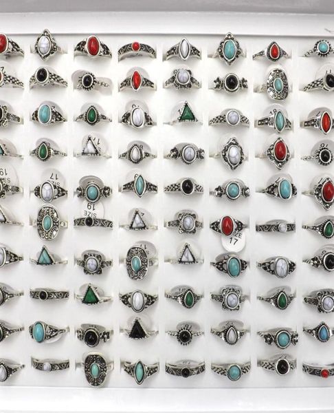 

50pcs antique silver color vintage style rings with mixed stones for women6262122, Golden;silver