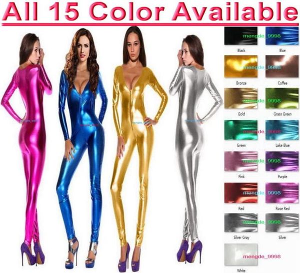 

women vneck bodysuit costumes front zipper 15 color shiny lycra metallic women039s catsuit costume outfit halloween party35715771574, Black