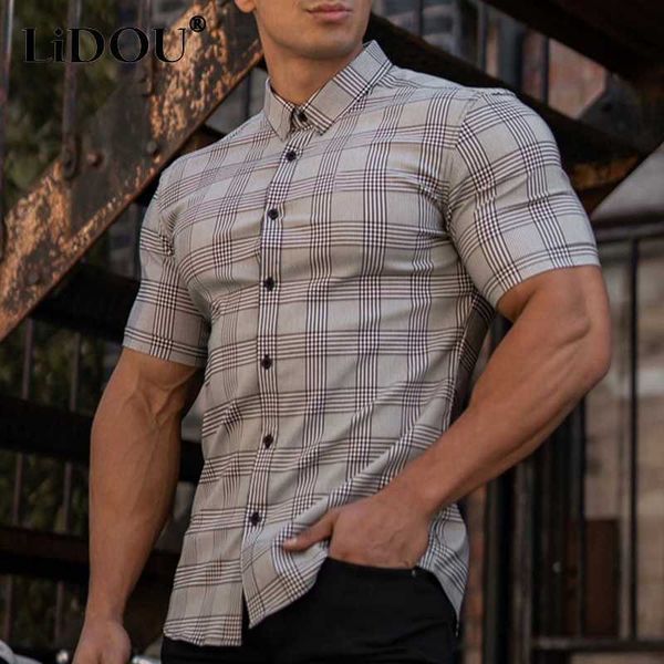 

men's t-shirts summer new fashion design casual polo shirt man short sleevetight button print plaid male all match vintage gentmen blo, White;black