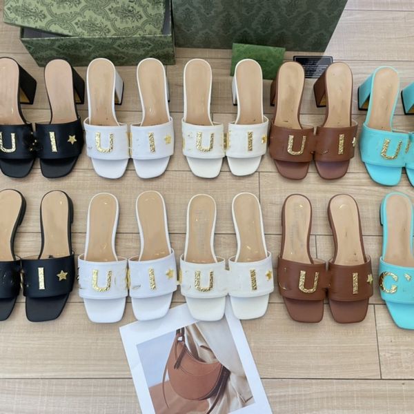 

interlocking g letter matel buckle slippers womens block chunky 7cm heel slippers designer leather sandals for women beach outdoor slippers, Black