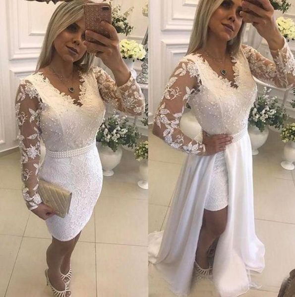 

white lace evening dresses with detachable train appliques pearls illusion long sleeves formal party prom gowns knee length short 2546732, Black;red