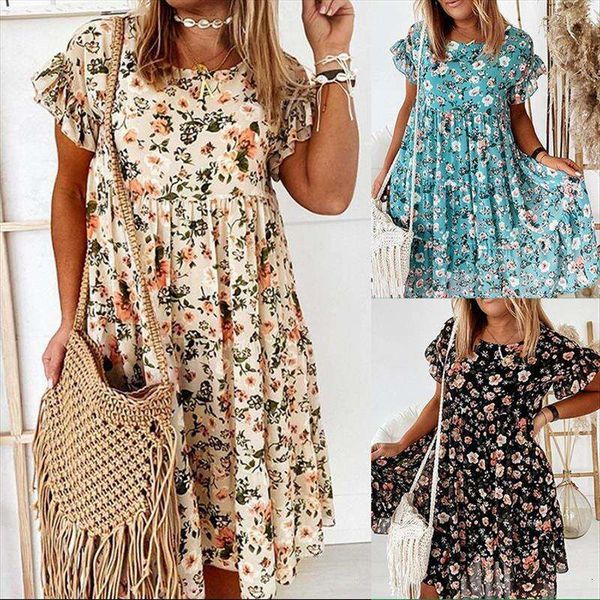

summer monsoon womens printed round neck short sleeve loose dress, Black;gray
