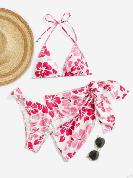 

women's floral bikini set halter micro triangle bra bikini bottom cover up skirt 3 piece bathing suit, White;black