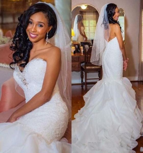 

2019 stunning wedding dresses arabic dubai bridal gowns tiered skirts mermaid vestido de novia sweetheart with beads court train b5911249, White
