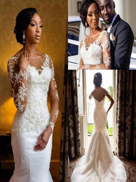 

mermaid wedding dress 2018 african black girls sheer lace long sleeve backless church garden bridal gowns vestidos de novia6584740, White