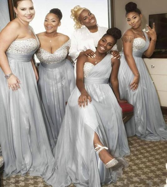 

mismatch beaded grey bridesmaid dresses one shoulder floor length chiffon silver south africa ruffled long slit prom gown for 6311027, White;pink