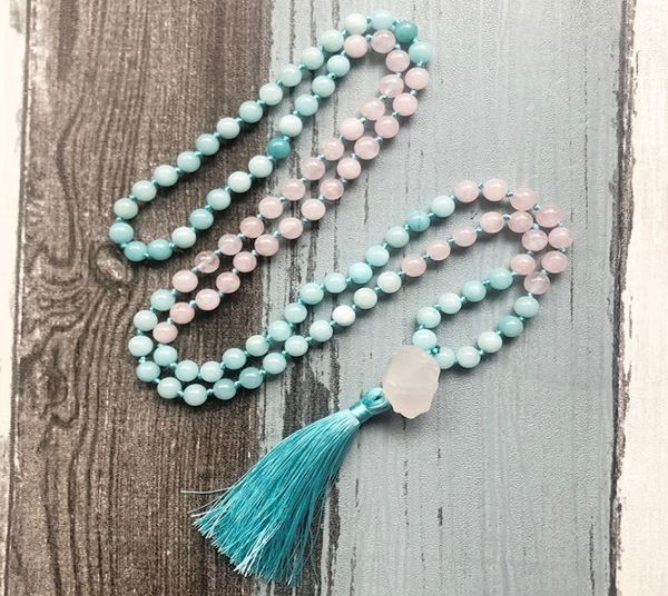 

chains raw stone pendant mala necklaces rose quartz and blue knotted necklace 108 beads tassel womens gift for her6018599, Silver