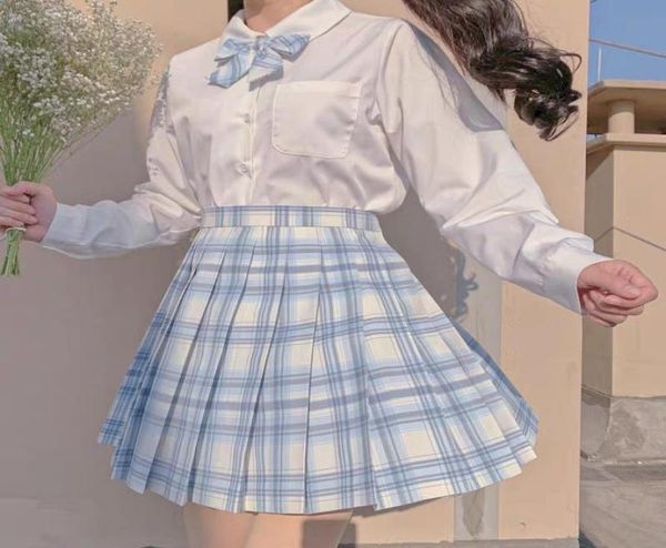 

clothing sets japanese school girls high waist pleated skirts blue plaid women dress longshort sleeve jk uniform3867881, White