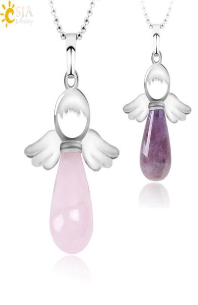 

17 colors natural stone pendants crystal amethyst tiger eye rose quartz creative wing of angel pendant with chain6195316, Silver