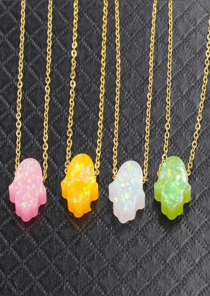 

fatima hand necklace faux opal necklace hamsa fatima hand stainless steel with gold plated chains for women girls jewelry1926146, Silver