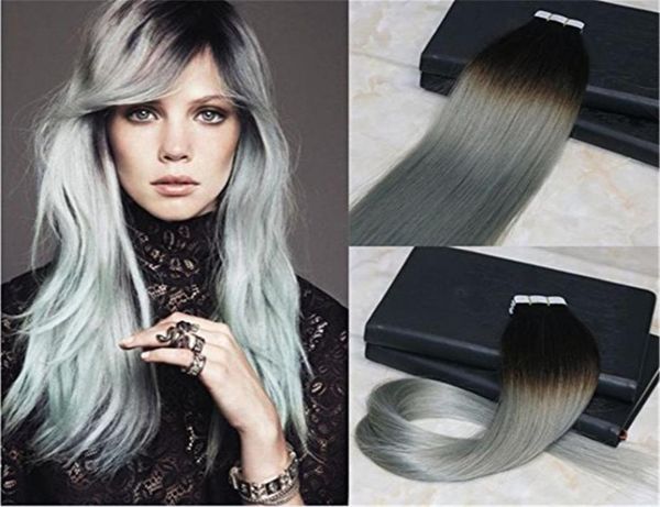 

40pcs100g silver ombre tape in hair extensions color 1b fading to grey balayage double drawn human hair remy2349948, Black