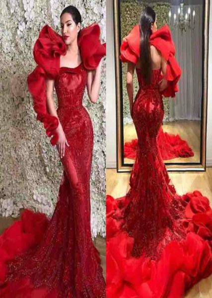 

designer red mermaid prom dresses 2019 ruffles shoulder lace backless evening dress sweep train formal party gowns custom mad3389938, Black