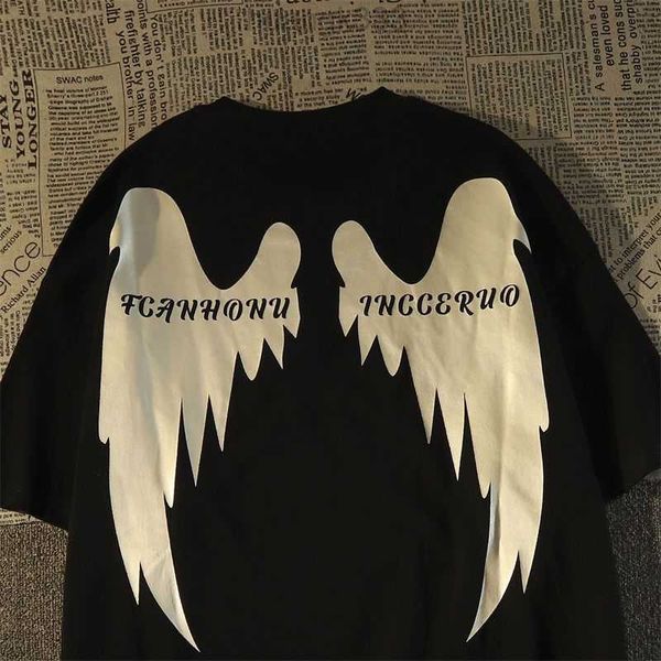 

designer100% cotton hiphop american vintage high street wings short sleeve t-shirt men's summer street european and american fashion br, White;black