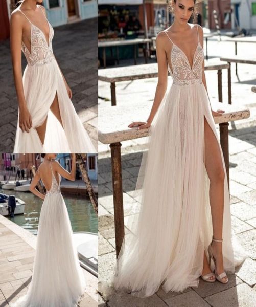 

elegant aline wedding dresses side split spaghetti illusion boho beach vestidos de novia pearls backless bohemian bridal gow8611552, White
