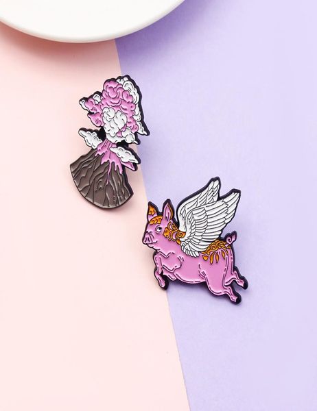

pink pet pig enamel brooch volcano eruption lapel pin white angel wings lovely animals creative jewelry custom badge1203050, Blue