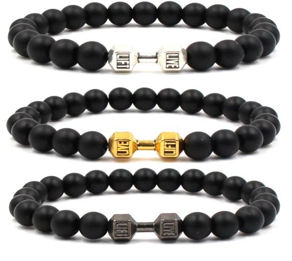 

2019 new tide male fitness dumbbell sports bracelet 8mm black matte stone beaded bracelet men for women fashion jewelry4335412