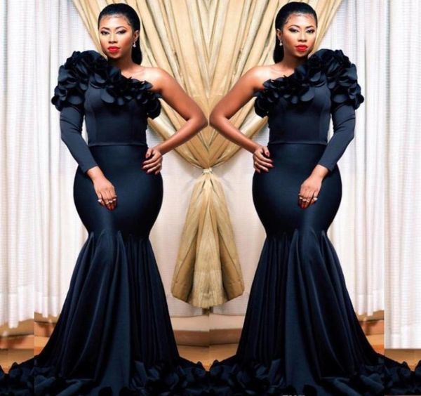 

black mermaid formal prom dresses satin one shoulder long sleeve african evening gowns elegant party dress vestidos festa7929603, Black;red