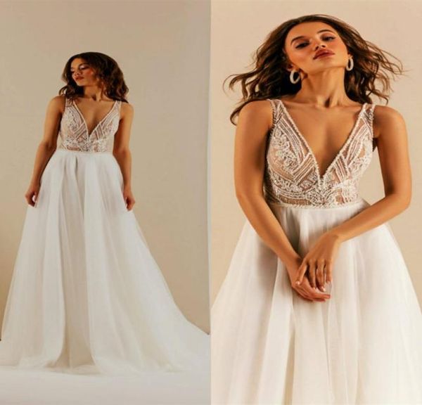 

wedding dresses vneck sleeveless appliqued lace beaded aline bridal dress beach backless sweep train custom made robes de m2393963, White