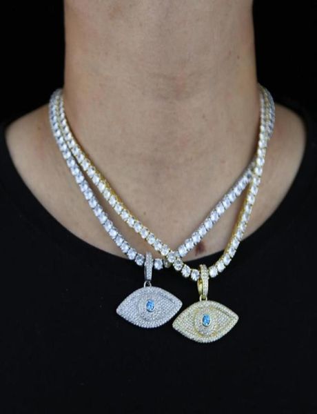 

hip hop necklace with blue white cz paved eye pendant tennis chain plated gold silver color for men punk jewelry chains1007094