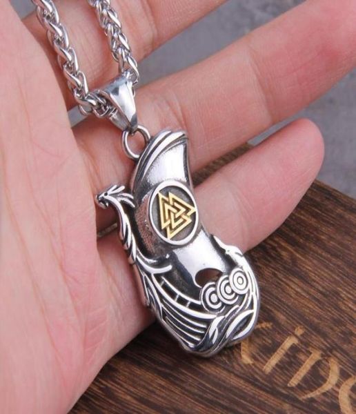 

nordic vikings jewelry odin valknut stainless steel viking warship pendant necklace with wooden box as gift never fade necklaces775919682, Silver