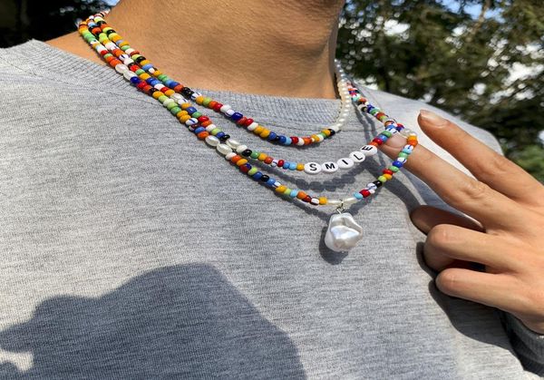 

tennis graduated european and american accessories boho style irregular pearl letters folded colored rice bead necklace for men an5585722, Black