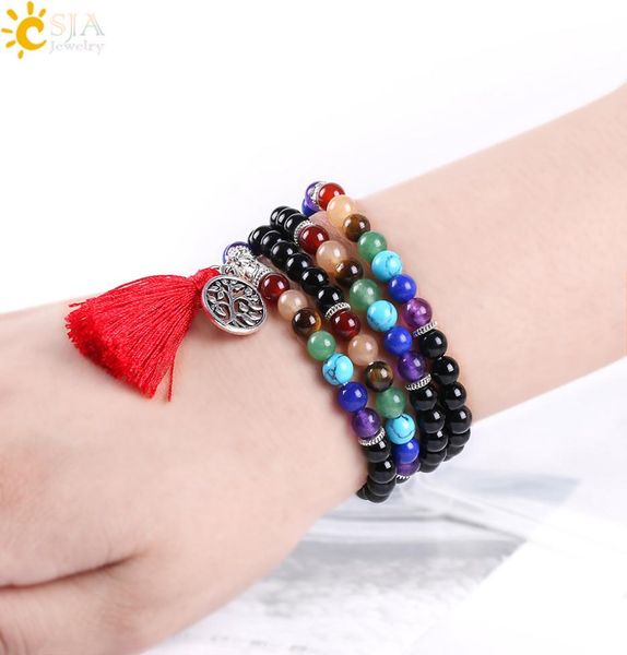 

csja natural black agate onyx energy gemstone 108 mala beads strand mala bracelets reiki 7 chakra men women tassel charms jewelry 1404296