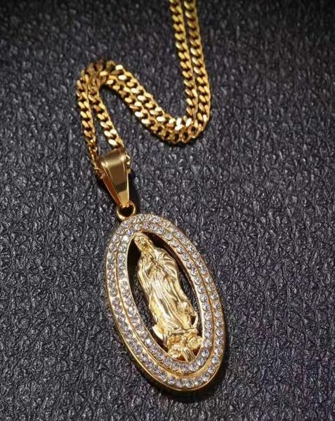 

iced out virgin mary pendant necklaces men women luxury designer mens bling diamond christian pendant gold cuban link chain jewelr8352074, Silver