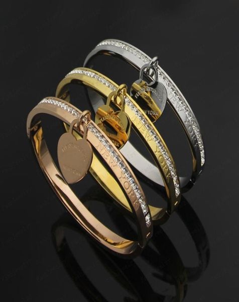 

luxury single row diamond gold bangle designer monogram heart bracelet with diamonds 18k plated 925 stainless steel wedding lover 1307174, Black