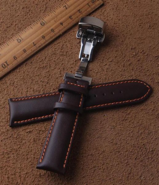

watchband strap genuine leather smooth brown with orange line stainless steel buckle deployment clasp 18mm 20mm 22mm fast delivery7986991, Black;brown