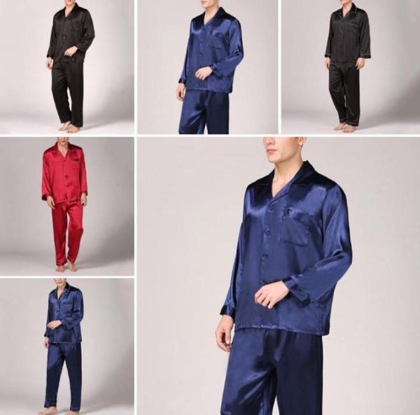 

summer mens pajama set imitation silk pajamas men sleepwear print shirt long sleeve long pants sleepwear men nightwea4341266, Black;brown
