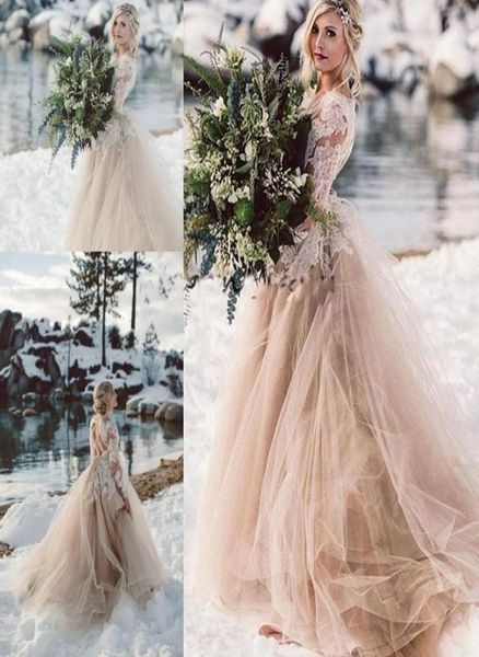 

champagne lace beach wedding dresses with long sleeves tulle backless fairy tale bride gowns vestido de noiva8689678, White