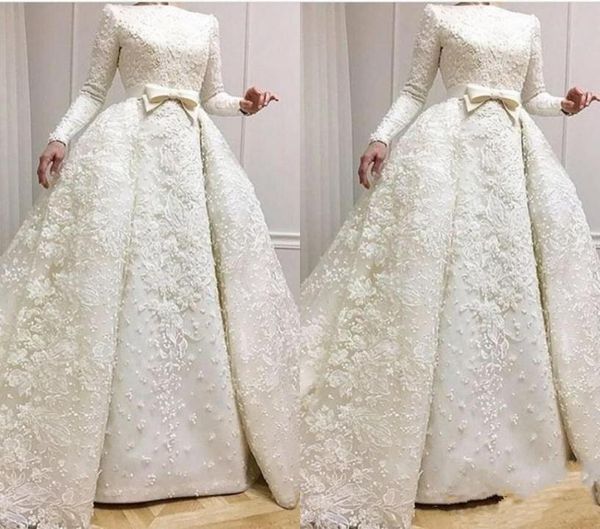 

2019 elegant long sleeve lace muslim wedding dresses aline appliques plus size with bow bridal wedding gowns vestido de novia bri7202167, White