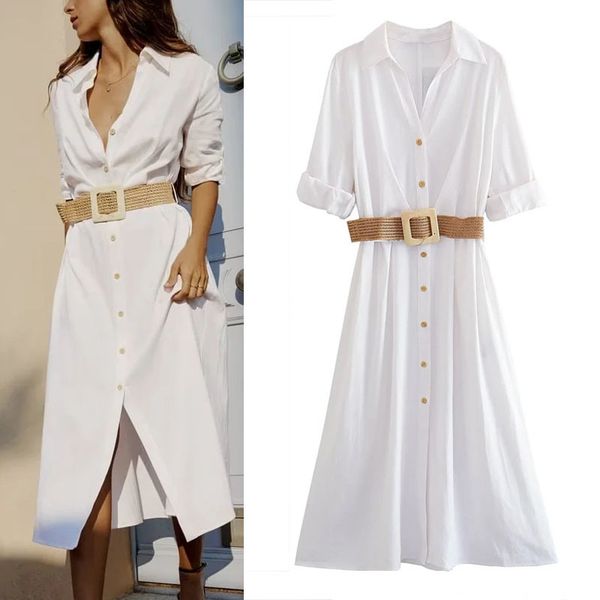 

urban dresses traf white shirt dress for woman 2023 summer office long vintage belted vestidos female clothing short sleeve party 230714, White;black
