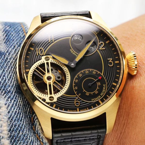

one to one open mold synchronous original case japanese tourbillon movement 46mm large dial imported first layer cowhide strap power storage, Slivery;brown