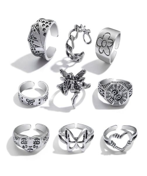 

9pcs vintage silver rings set for women,butterfly heart stacking ring adjustable6535738