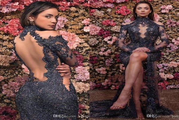 

illusion lace evening dresses high neck hollow back front high slit formal party dress prom gowns arabic dress mermaid backle9123558, Black;red