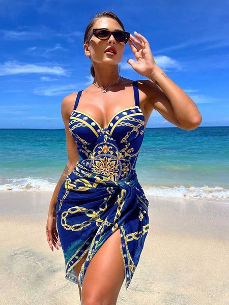

women's chain print push up one piece swimsuit with beach skirt, White;black