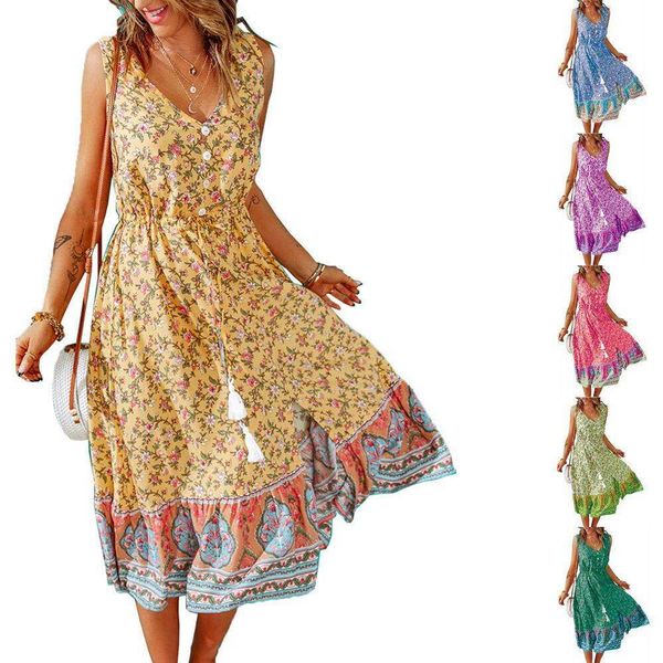 

spring and summer fashion v neck button sleeveless floral dress womens clothing, Black;gray