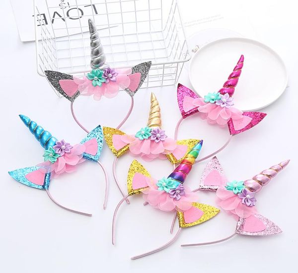 

baby girls animal horn unicorn hair sticks hair accessories princess lace tulle flower pearl decor headband kids party headdress e1266466, Slivery;white