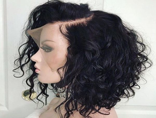 

16inch curly lace front human hair wigs for black women pre plucked with full frontal baby hair remy brazilian hair wavy short bob3914450