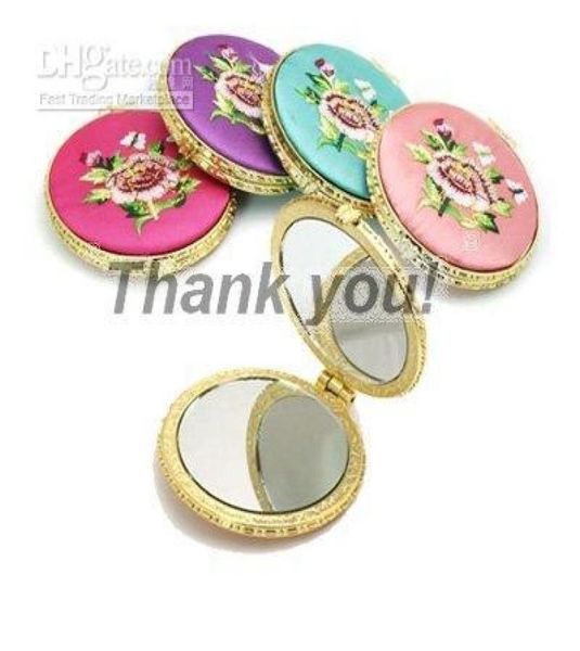 

vintage round foldable compact mirror party favors chinese silk embroidery double sided pocket mirror 10pcslot mix color shi3428533