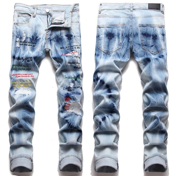 

men039s embroidery patch biker jeans slim fit motocycle casual denim trousers man1517094, Blue