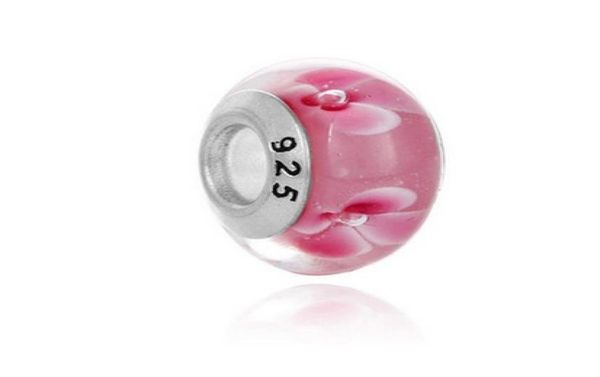 

10 pcs 925 sterling silver pink flower murano lampwork glass beads charm big hole loose beads for european bracelet necklace9242562, Crystal