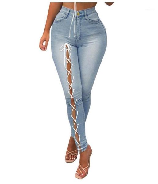 

women039s jeans women button high waist slim band micro pants hole stitching thread trousers vintage denim pantalon pour femme8722157, Blue
