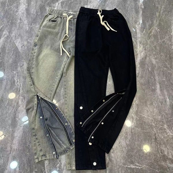 

new slim trendy men's mid waist high * street jeans handsome outwear durable and explosive elastic waist drawstring, Blue