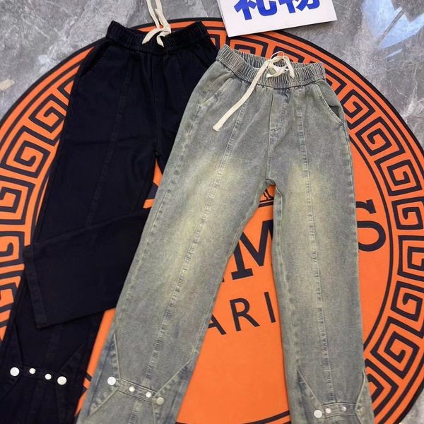 

new trendy men's mid rise jeans loose, slim, durable, and popular elastic waist drawstring button tied jeans, Blue