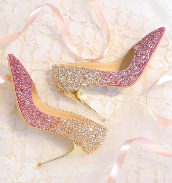 

bingling ombre sequined wedding shoes for bride stiletto heel prom banquet high heels plus size pointed toe 3 colors bridal shoes2505184, Black