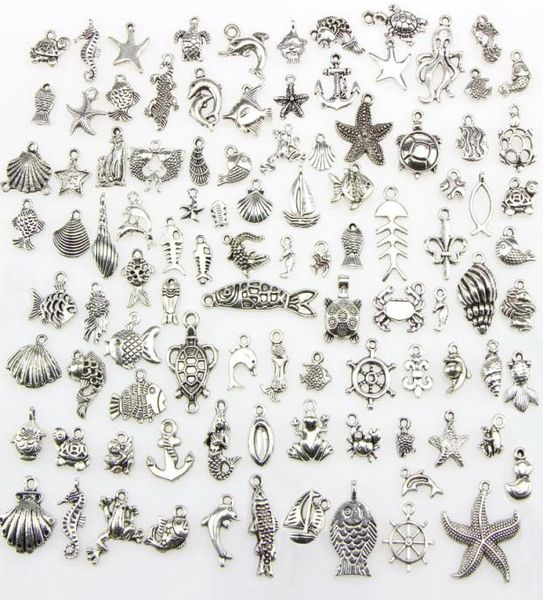 

mixed 100 designs sea turtle frog mermaid crab crocodile ocs fish bone nautical theme charms pendants for diy necklace bang7305261, Black